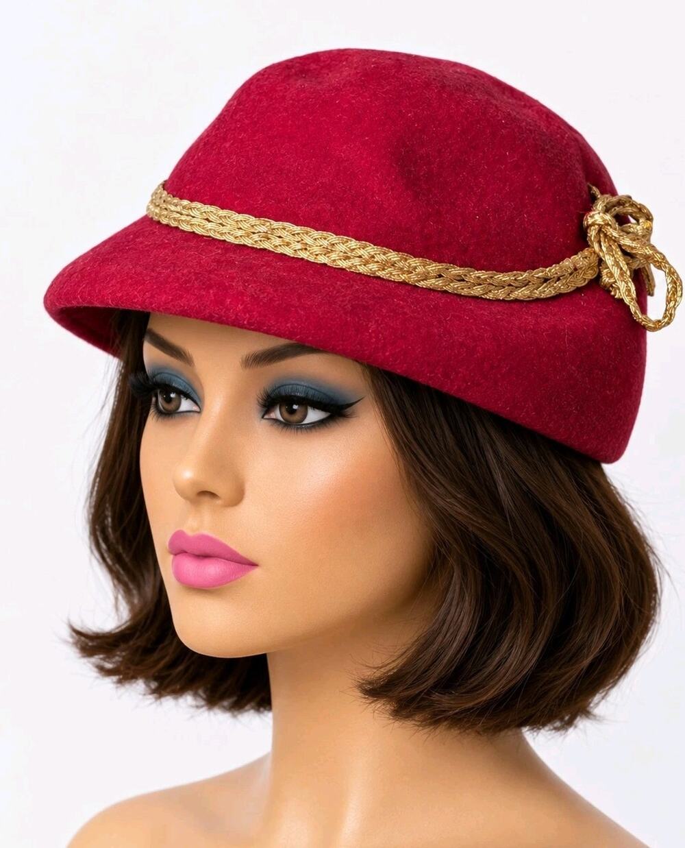 Vtg 1950s Womens Red Felt Cloche Hat Gold Braid Bow Mod